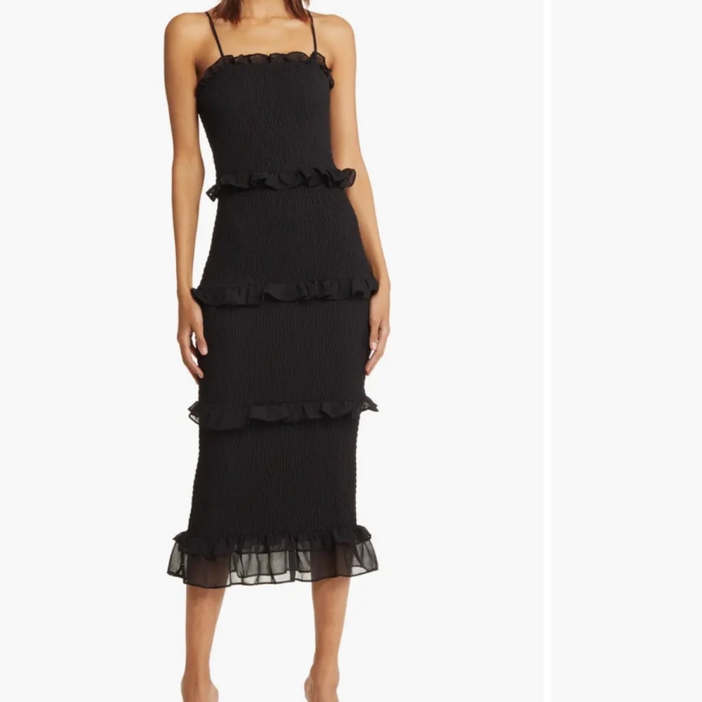 BEBE Smocked Ruffle-Tiered Bodycon Dress in black Sz L